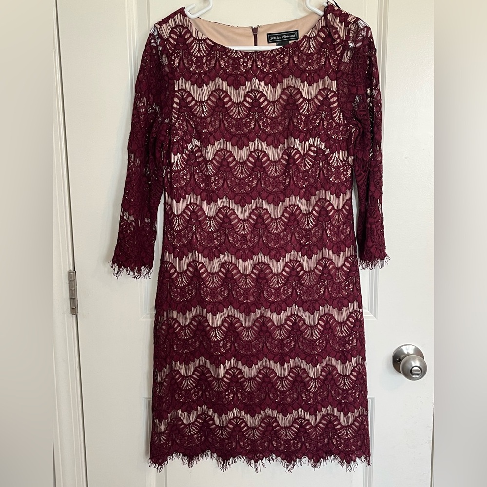 Jessica Howard Red Sheath Dress 3/4 Sleeve Crew Neck